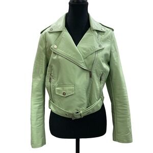 Cleo Petites Mint Green Faux Leather Moto Jacket Cropped Belted Pastel Medium M
